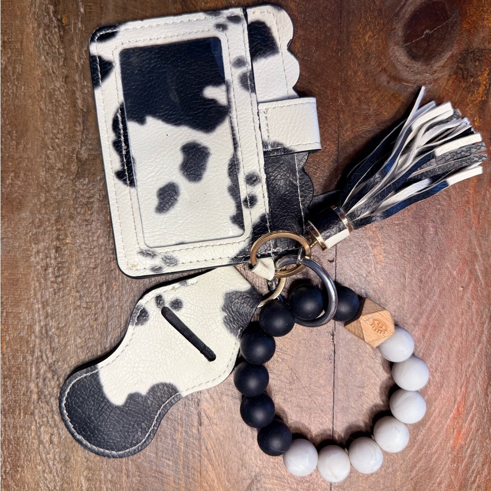 Cow Print Card Holder with Beaded Keychain